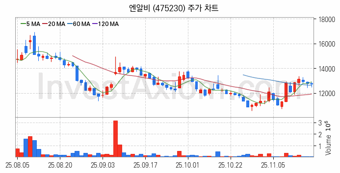 모듈러주택 관련주 엔알비 주식 종목의 분석 시점 기준 최근 일봉 차트