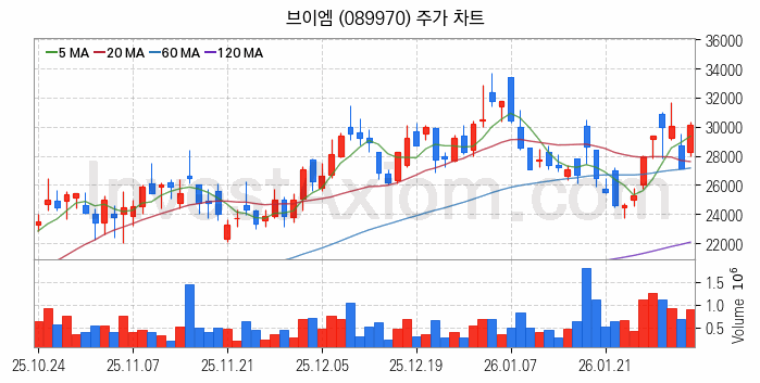반도체 장비 관련주 브이엠 주식 종목의 분석 시점 기준 최근 일봉 차트