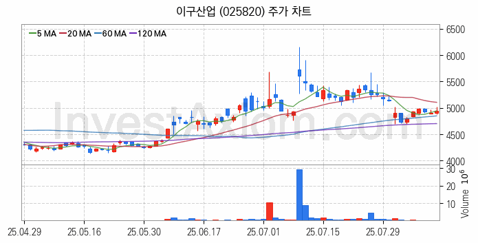 비철금속 관련주 이구산업 주식 종목의 분석 시점 기준 최근 일봉 차트