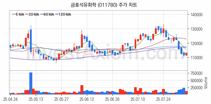 석유화학 관련주 금호석유화학 주식 종목의 분석 시점 기준 최근 일봉 차트
