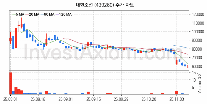 조선 관련주 대한조선 주식 종목의 분석 시점 기준 최근 일봉 차트