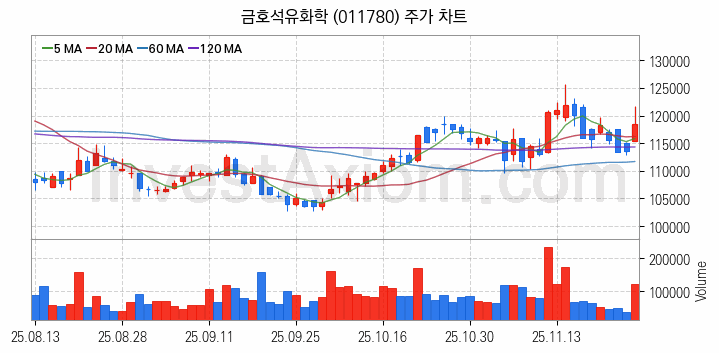 탄소나노튜브 관련주 금호석유화학 주식 종목의 분석 시점 기준 최근 일봉 차트