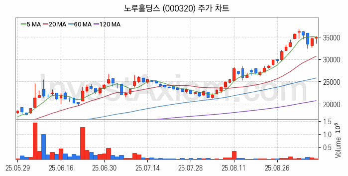 페인트 관련주 노루홀딩스 주식 종목의 분석 시점 기준 최근 일봉 차트